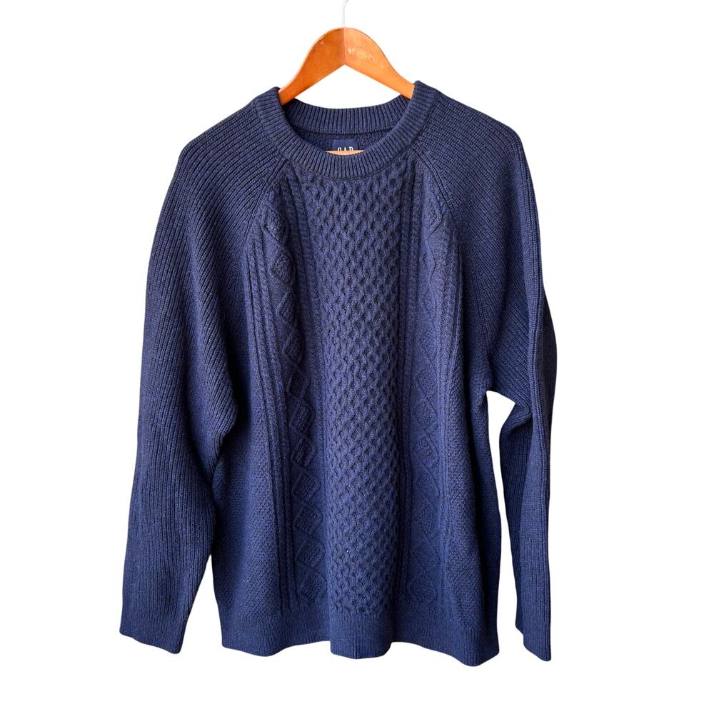 Vintahe GAP Navy Blue Fisherman Wool Cable Knit Sweater Mens  XXL
